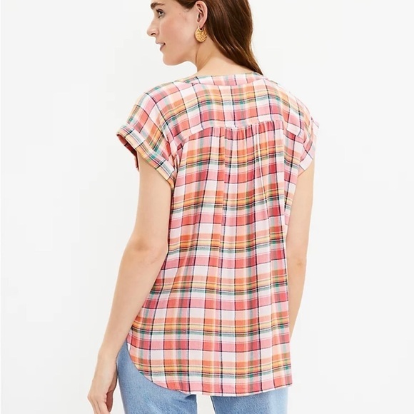 LOFT Dolman Plaid. Short Sleeve Button Down Pink Top Sz XS - Picture 3 of 8